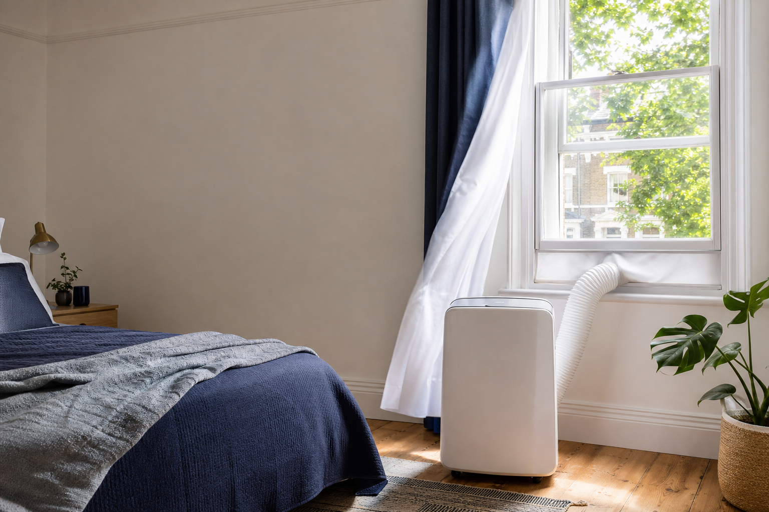 Bright UK bedroom with a portable air conditioner correctly vented through a sash window